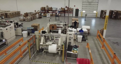 Interior overhead view of expansive wet wipe factory floor at Rebel Converting, Heather Avenue plant